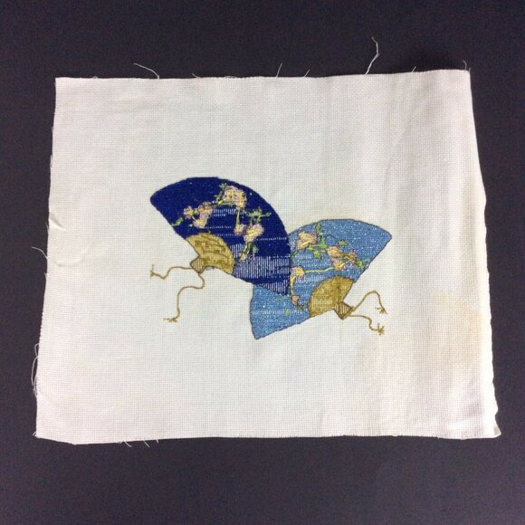 Handcrafted World Map Japanese Fan Finished Cross Stitch Art On Canvas - Picture 3 of 6